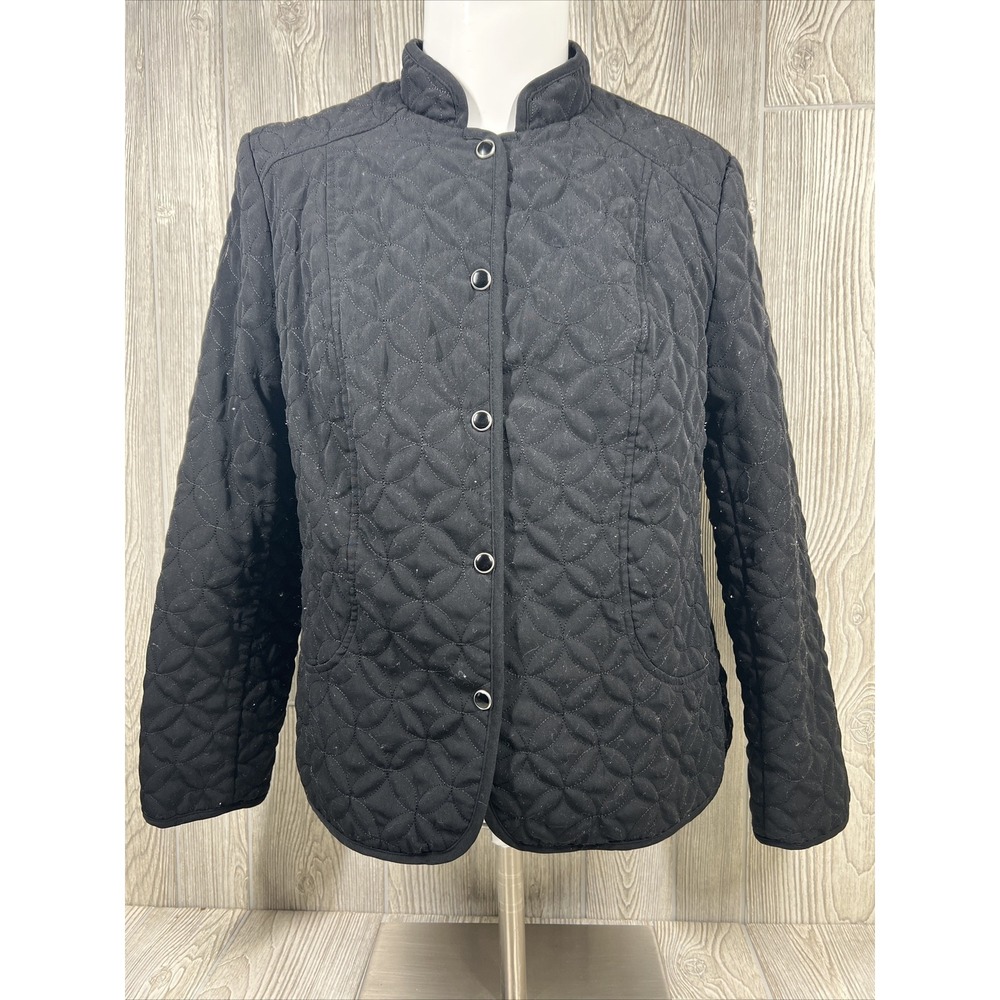 R.Q.T. Black Lined Quilted‎ Embroidered Lightweight Button Up Jacket Womens SZ L